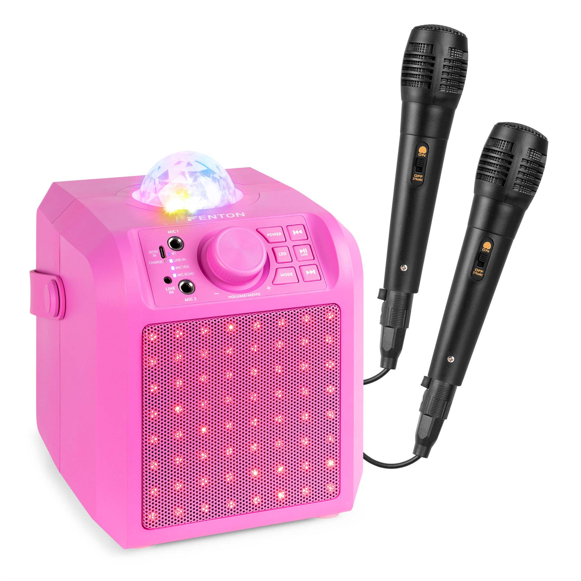 Fenton KAR55P - Pack de karaoke con 2 micrófonos - Altavoz karaoke con Bluetooth y Jelly Ball - Rosa