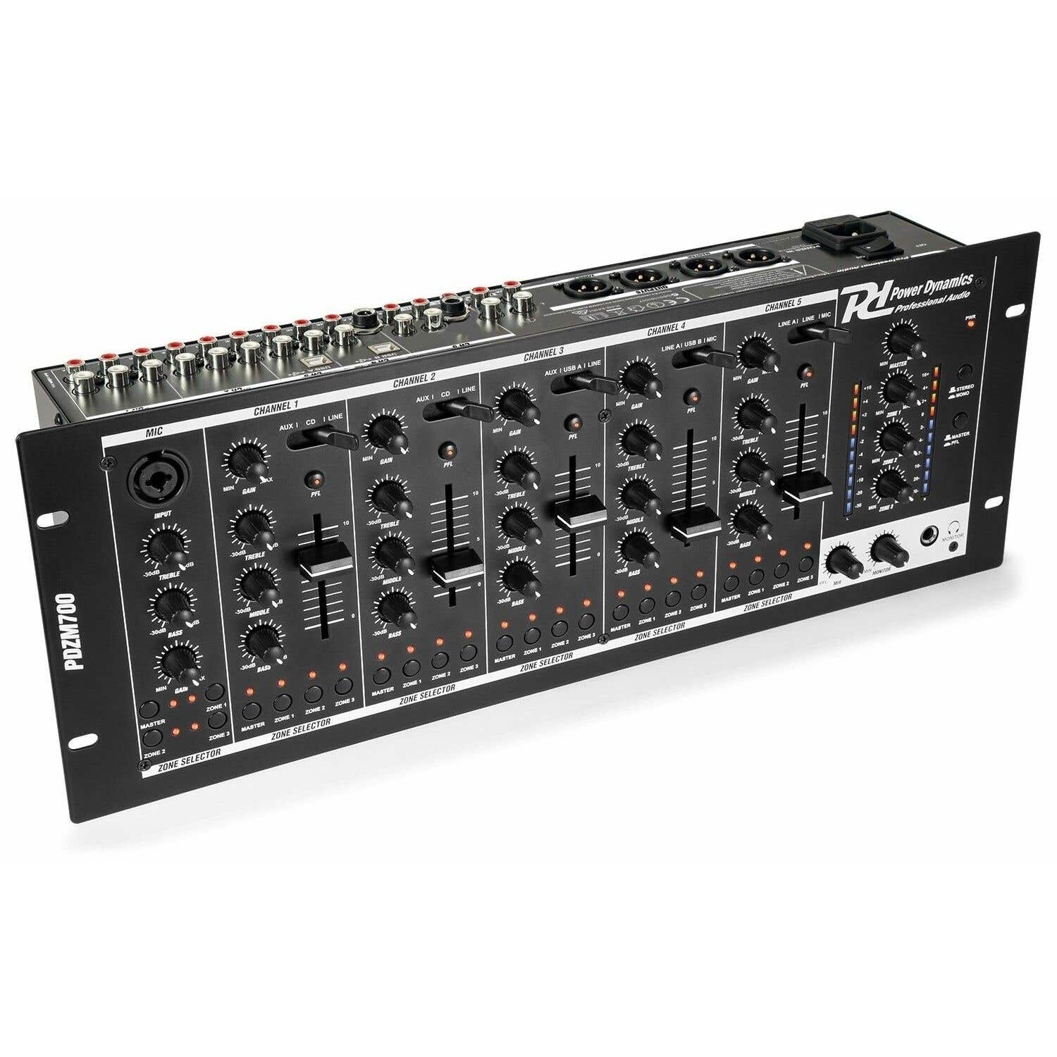 Power Dynamics PDZM700 Mezclador instalacion de 6 canales USB 4 zonas
