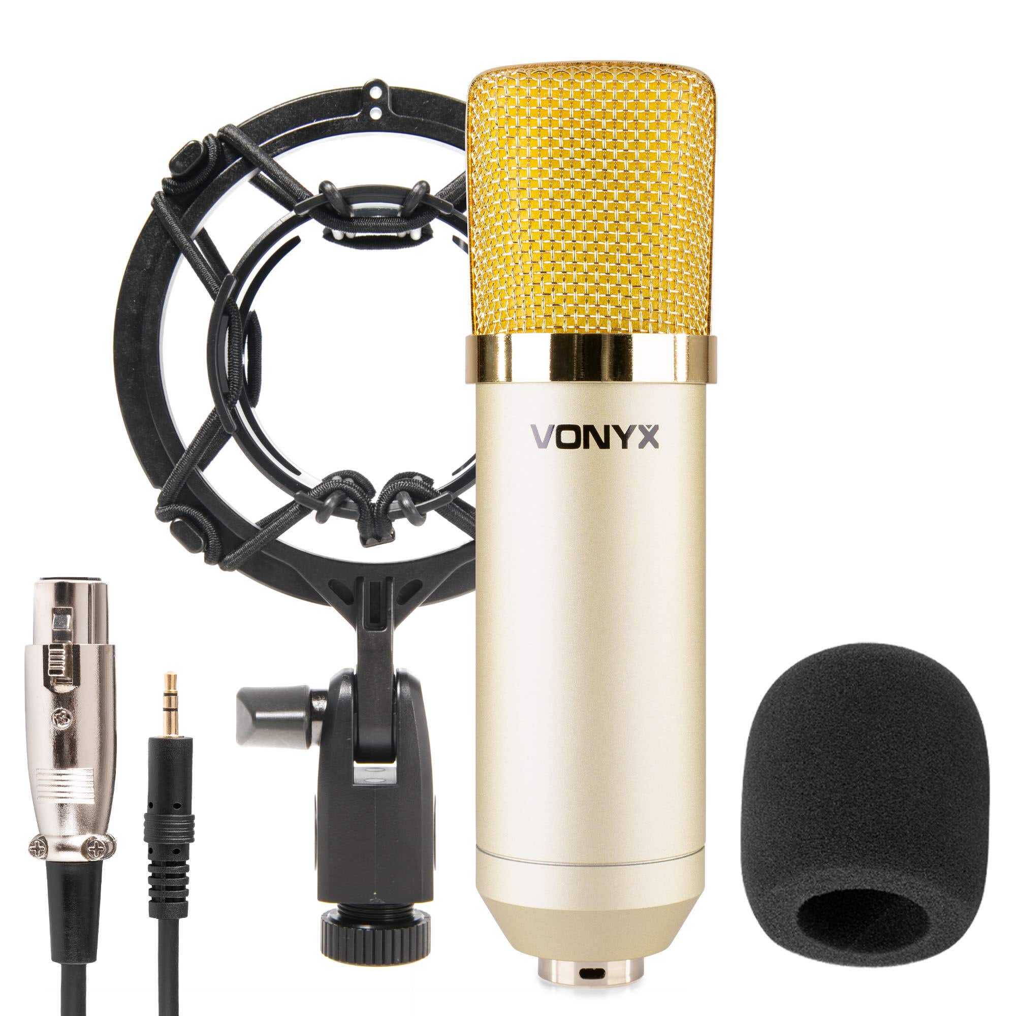 Vonyx CM400C - Micrófono de Condensador de Gran Diafragma con soporte antivibratorio, filtro antipop y cable – color dorado