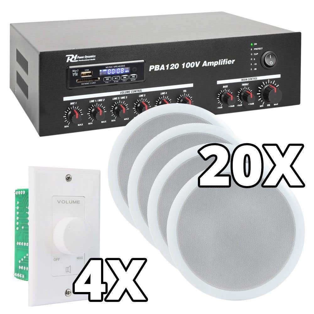 Power Dynamics Pack de sonido de 100V con 20 altavoces blancos de techo, amplificador bluetooth y 4 controles de volumen