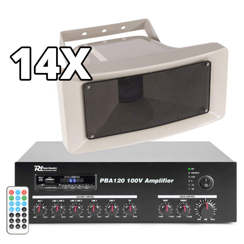 Power Dynamics Sistema de sonido de 100 V con 14 altavoces 