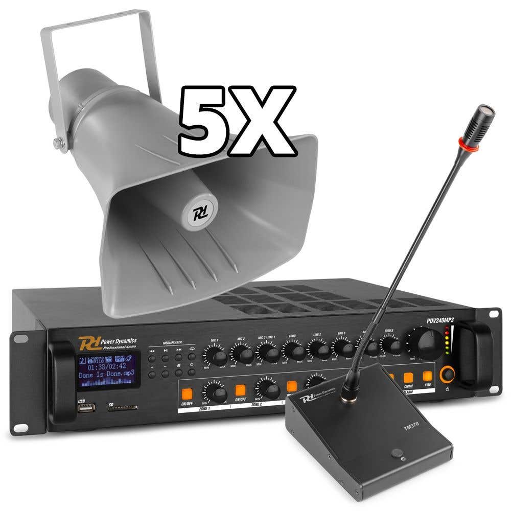 Power Dynamics Sistema de megafonía de 100V con 5 altavoces, Bluetooth y reproductor mp3 para campo de deportes, nave industrial, etc. 200W