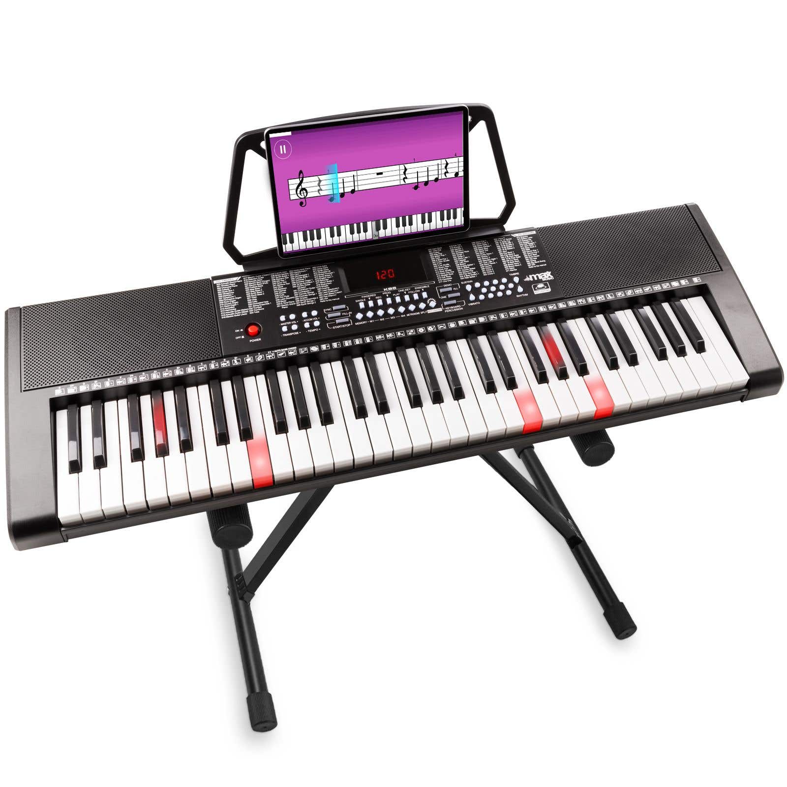 MAX KB5 Teclado para principiantes con 61 teclas retroiluminadas y soporte para teclado