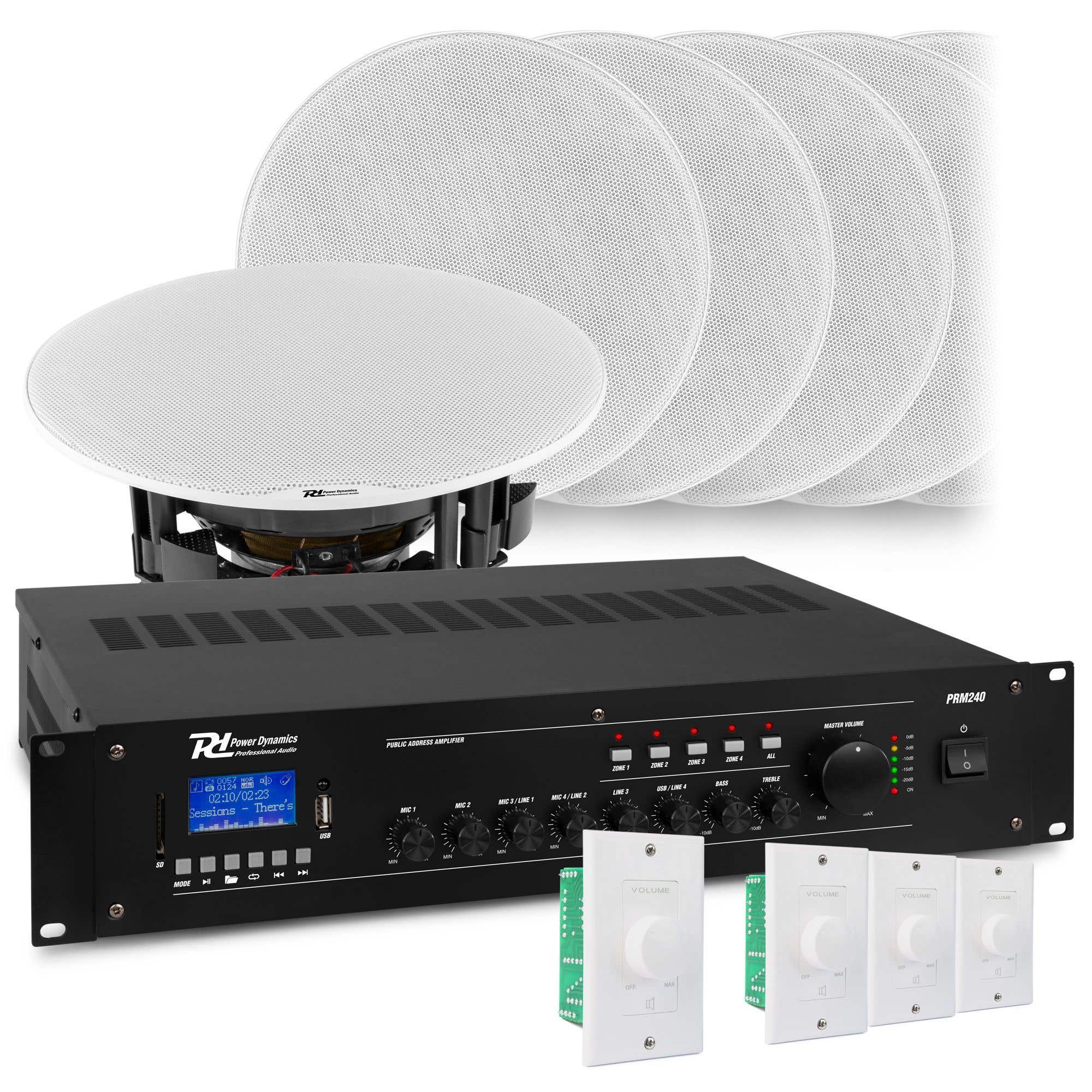 Power Dynamics Sistema de sonido de 4 zonas con 8 altavoces de techo FCS5 y amplificador PRM240.