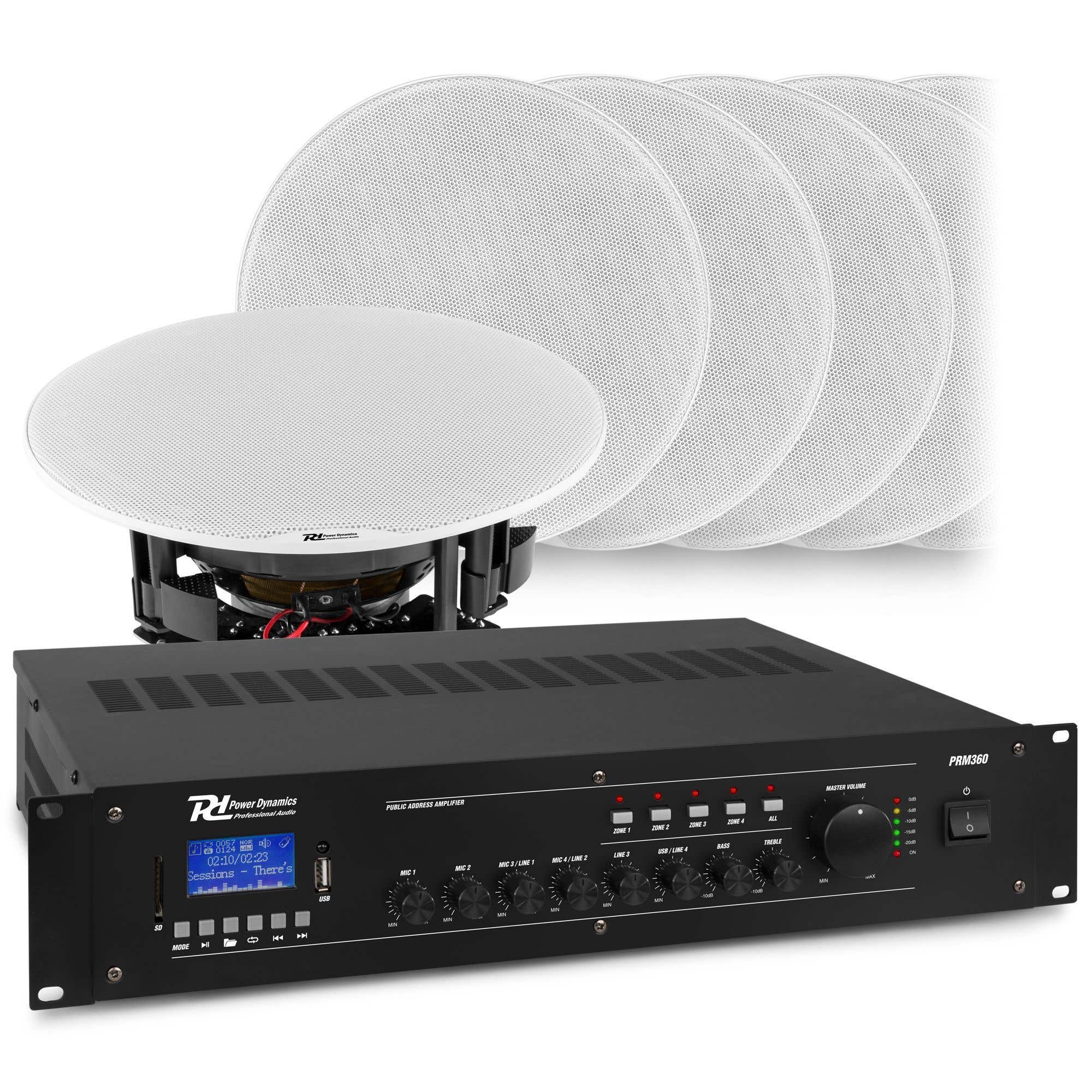 Power Dynamics Amplificador PRM360 (100 V) + 8 altavoces de techo FCS8