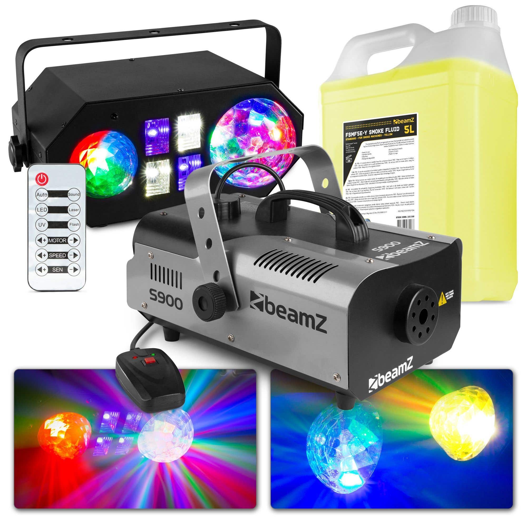 BeamZ LEDWAVE Efecto de luz 4 en 1 con máquina de humo S900 de 900 W y 5 litros de líquido de humo