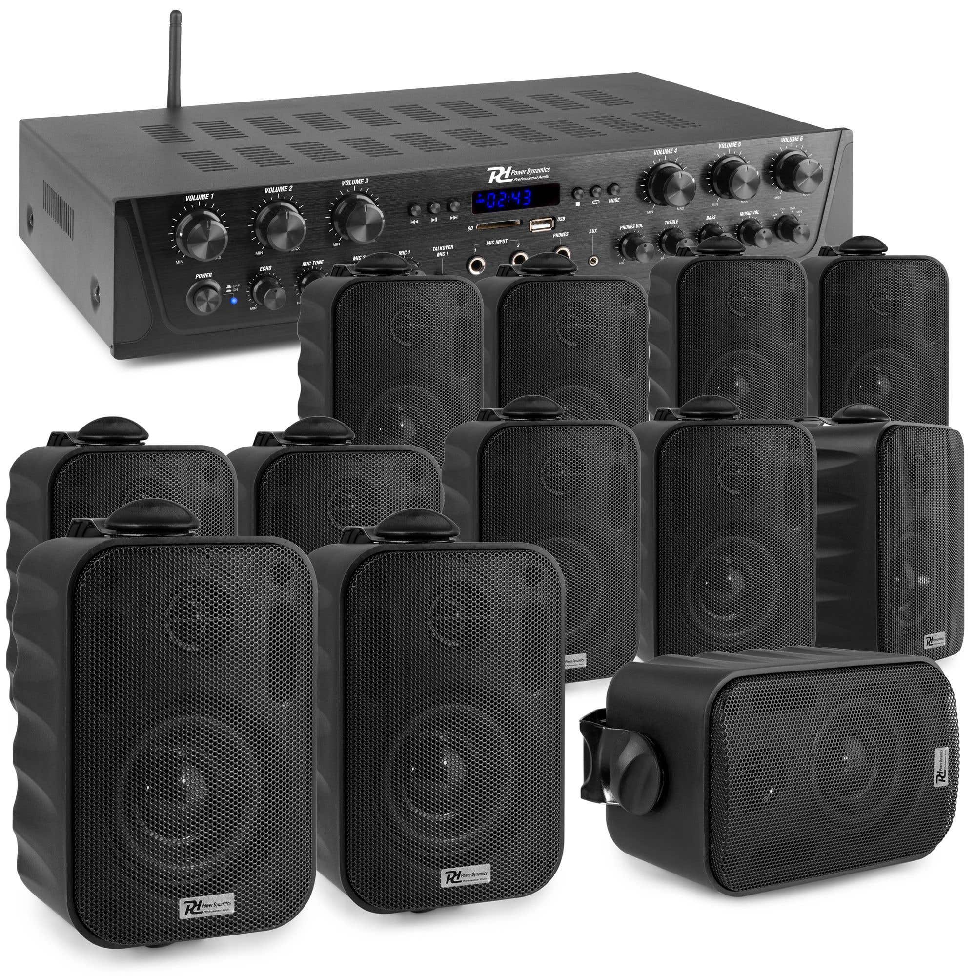 Power Dynamics Pack Sistema de sonido con amplificador PV260BT de 6 zonas con Bluetooth, 12 altavoces de superficie negros BGO30, rollo de cable paralelo de 100m