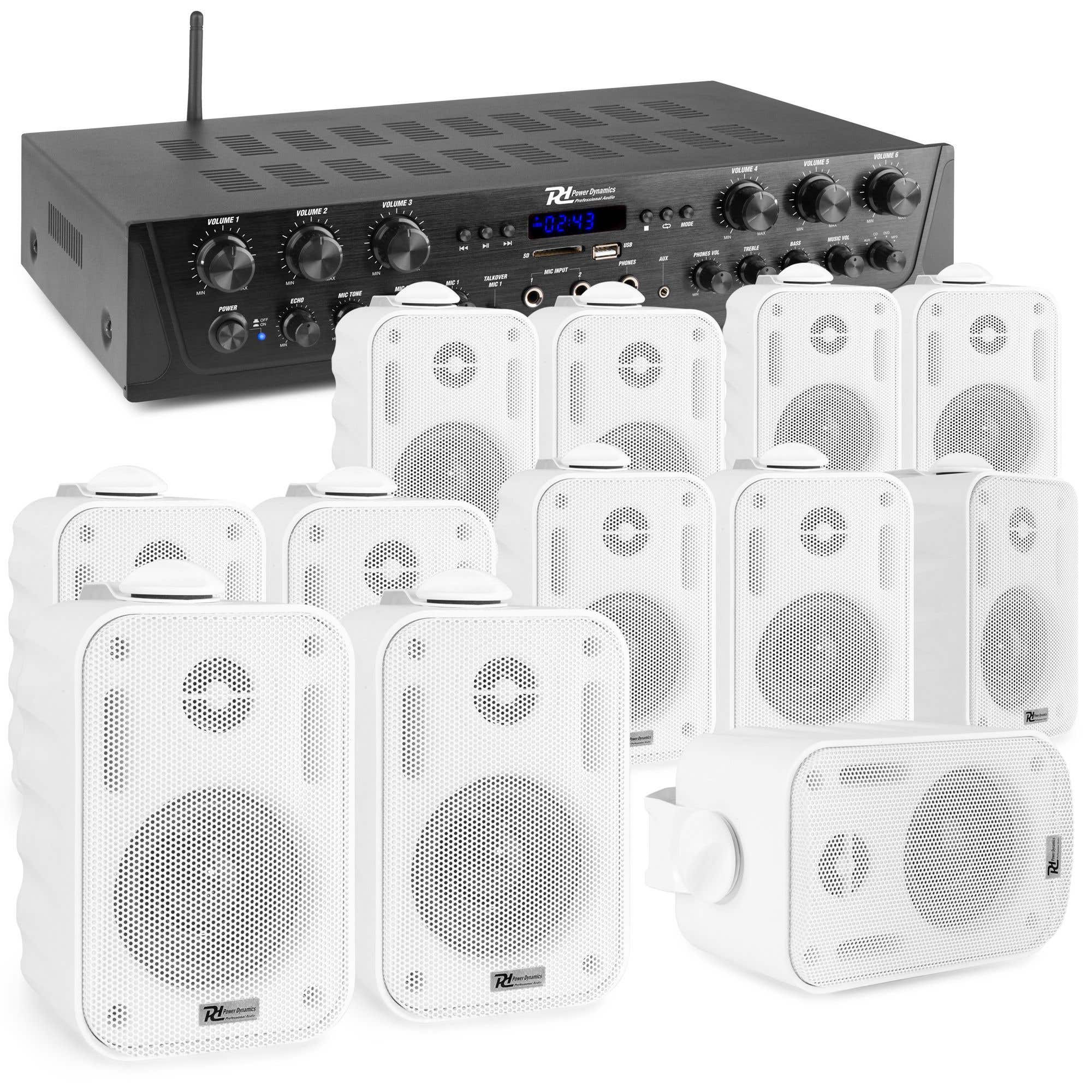 Power Dynamics Pack Sistema de sonido con amplificador PV260BT de 6 zonas con Bluetooth, 12 altavoces de superficie blancos BGO30, rollo de cable paralelo de 100m