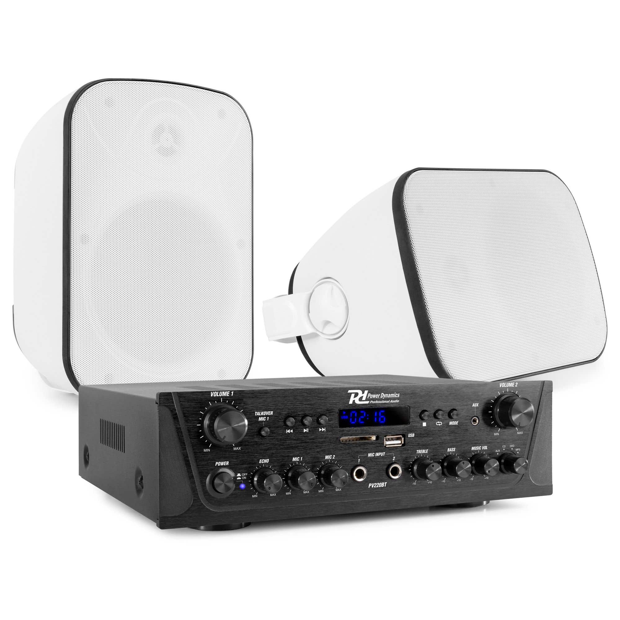  Power Dynamics - Pack de amplificador PV220BT + 2 altavoces BD50W blancos + cable de altavoz de 10 m