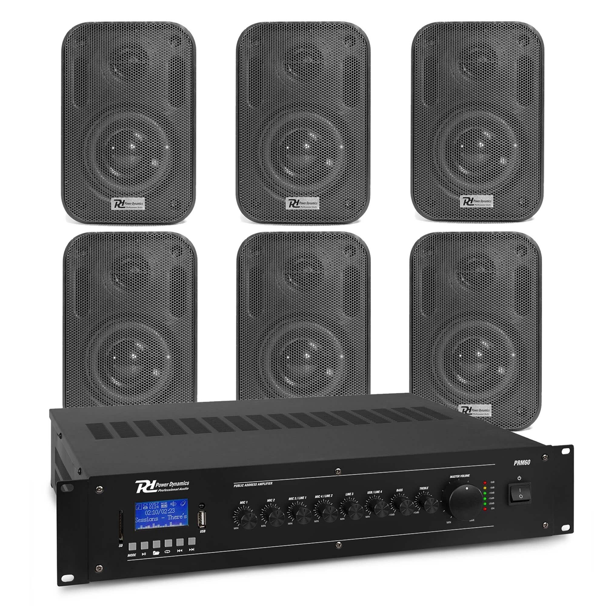 Power Dynamics Juego de altavoces de exterior 6 altavoces negros de 60 W y amplificador de 100 V, Bluetooth y reproductor mp3