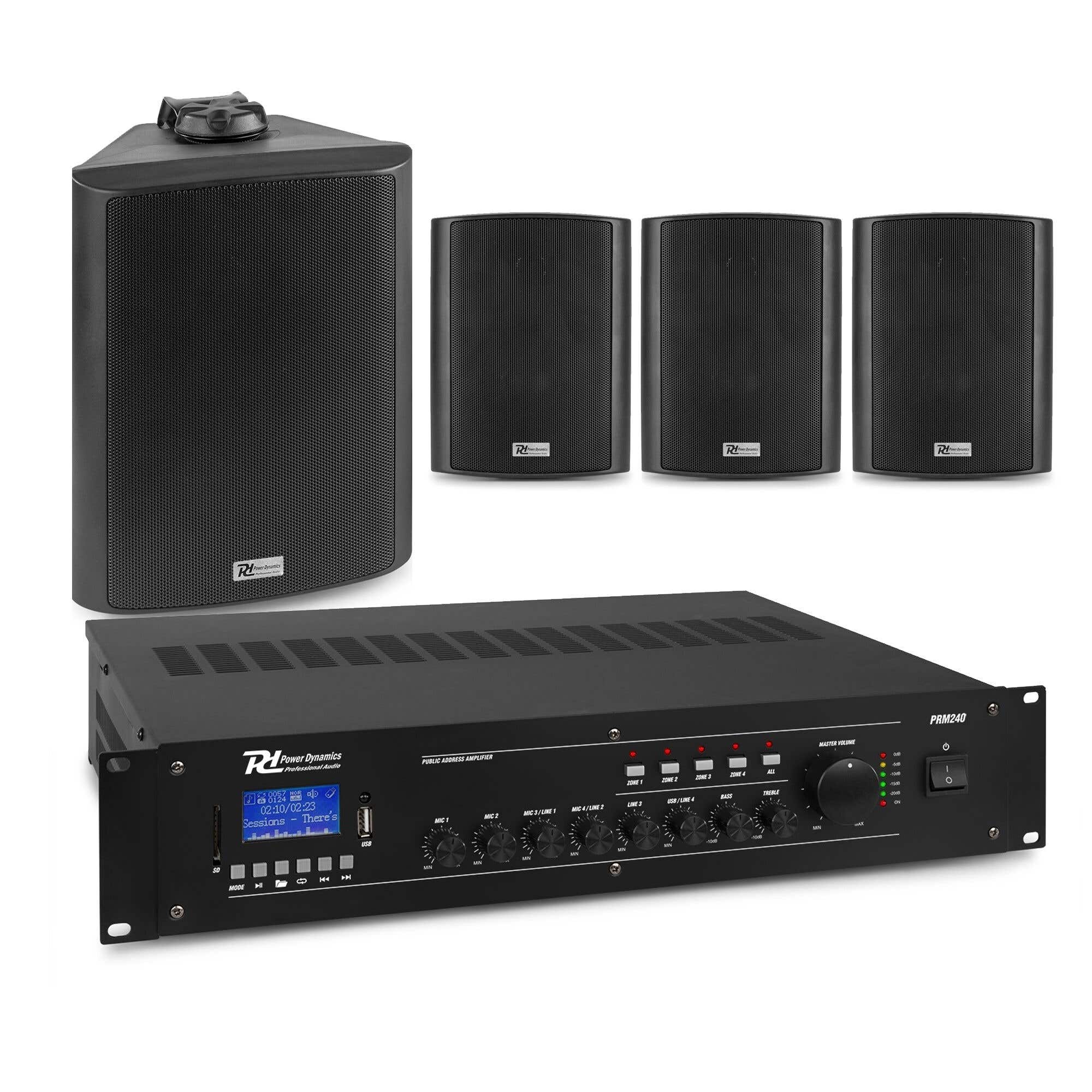 Power Dynamics Juego de altavoces de exterior negro - 4 altavoces y amplificador de 4 zonas - Bluetooth - 100V 