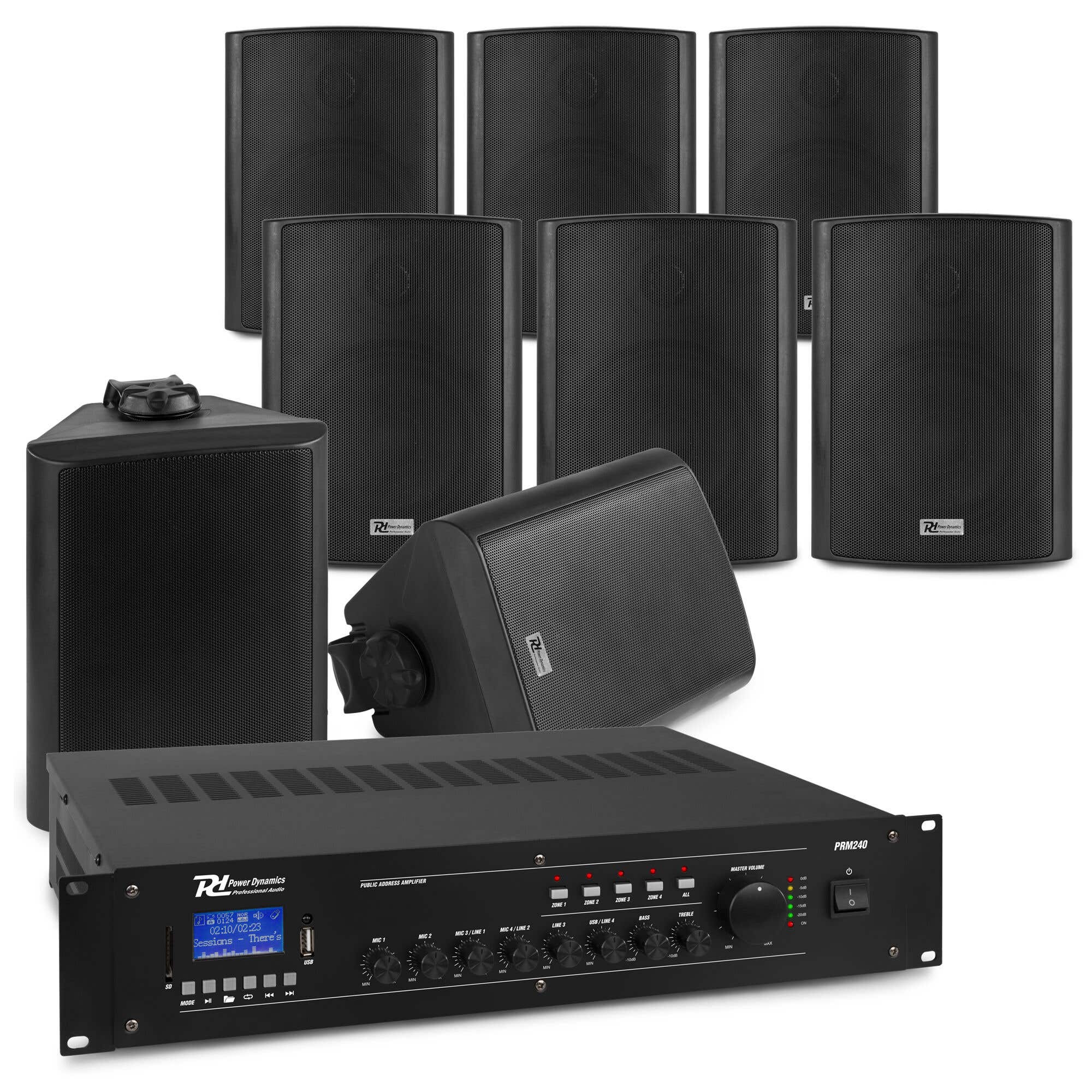 Power Dynamics Conjunto 8 altavoces de 100V y amplificador de 4 zonas para patio o marquesina exterior, Bluetooth