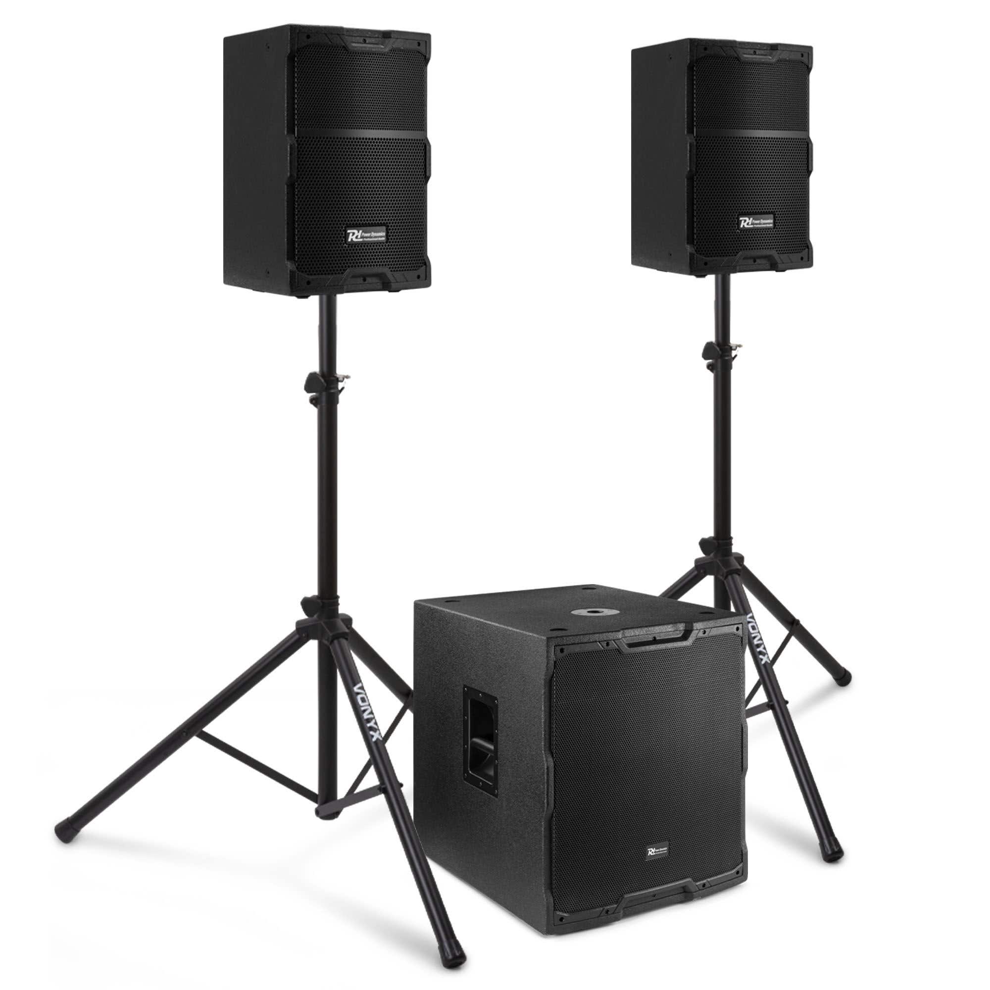 Power Dynamics Sistema de sonido completo PDY210 juego de altavoces activos 2.1 15 pulgadas 1700 W con soportes de altavoz