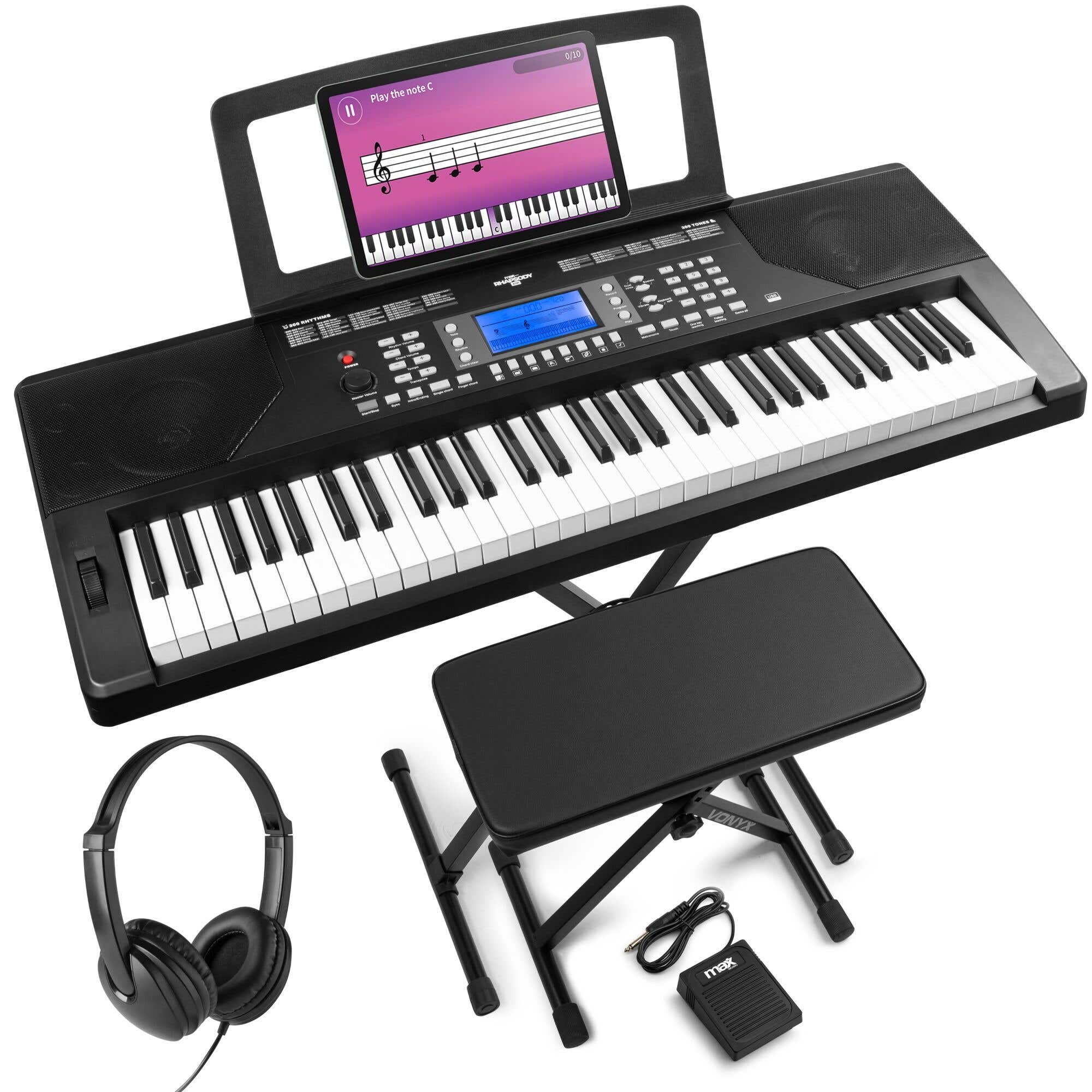 MAX Rhapsody61P: Pack de teclado, banqueta, soporte, pedal de sustain y auriculares.