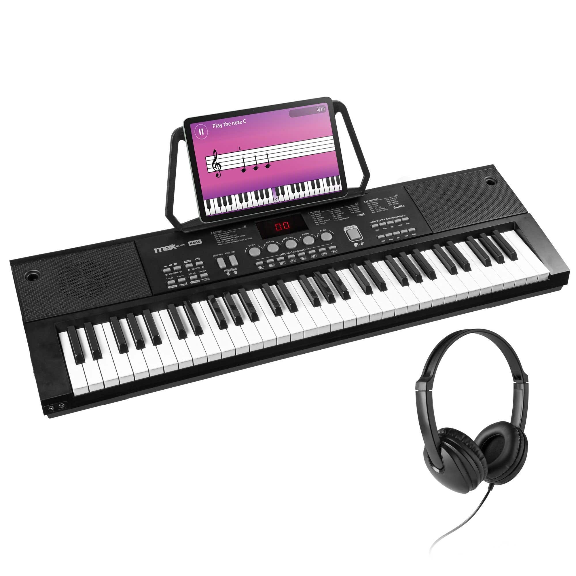 MAX KB15 Pack de teclado de 61 teclas con auriculares y soporte para partituras - Perfecto para principiantes - Batería recargable