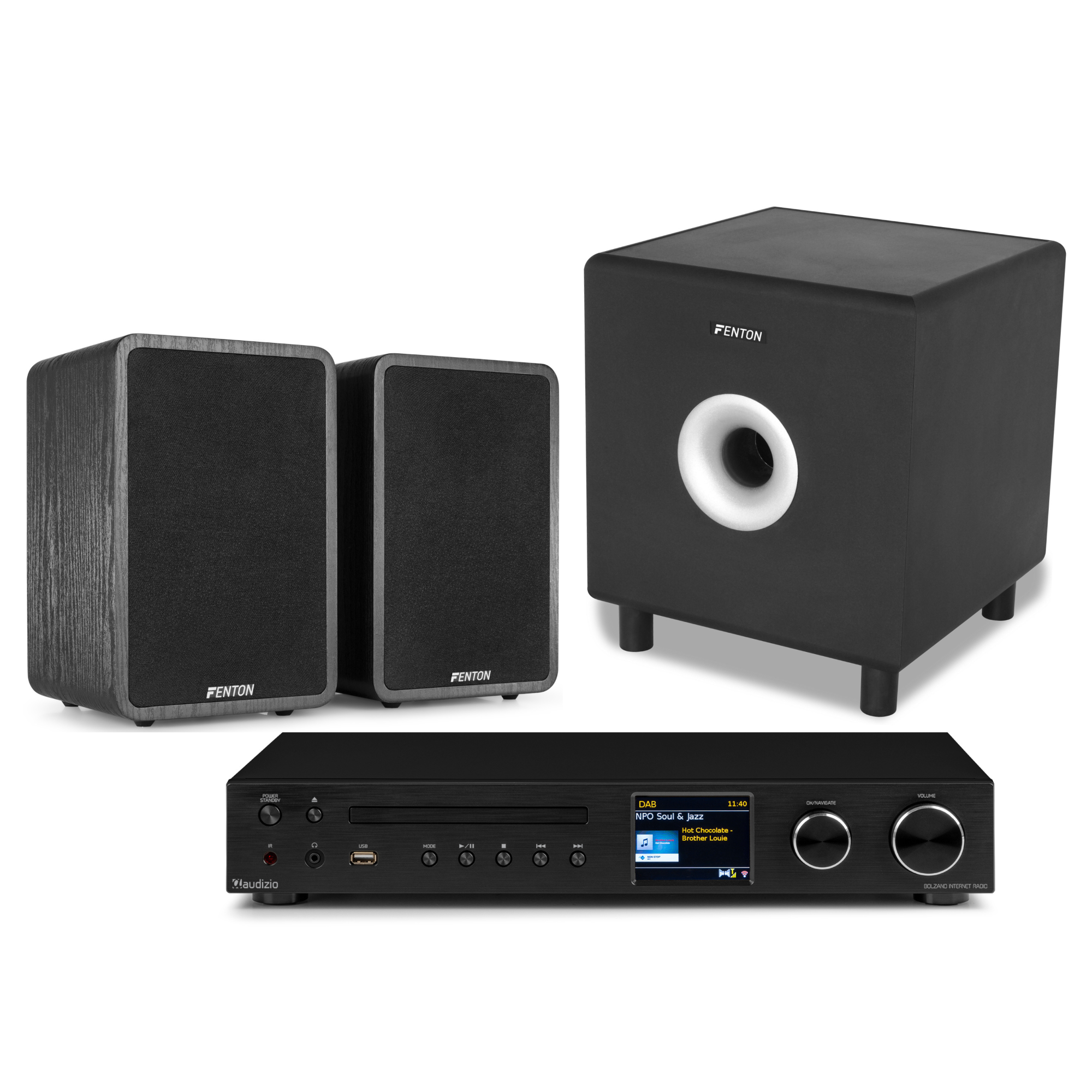 Fenton sistema de sonido doméstico 2.1, Conjunto con subwoofer y 2 altavoces - Bluetooth, DAB+ y FM 200 W. 