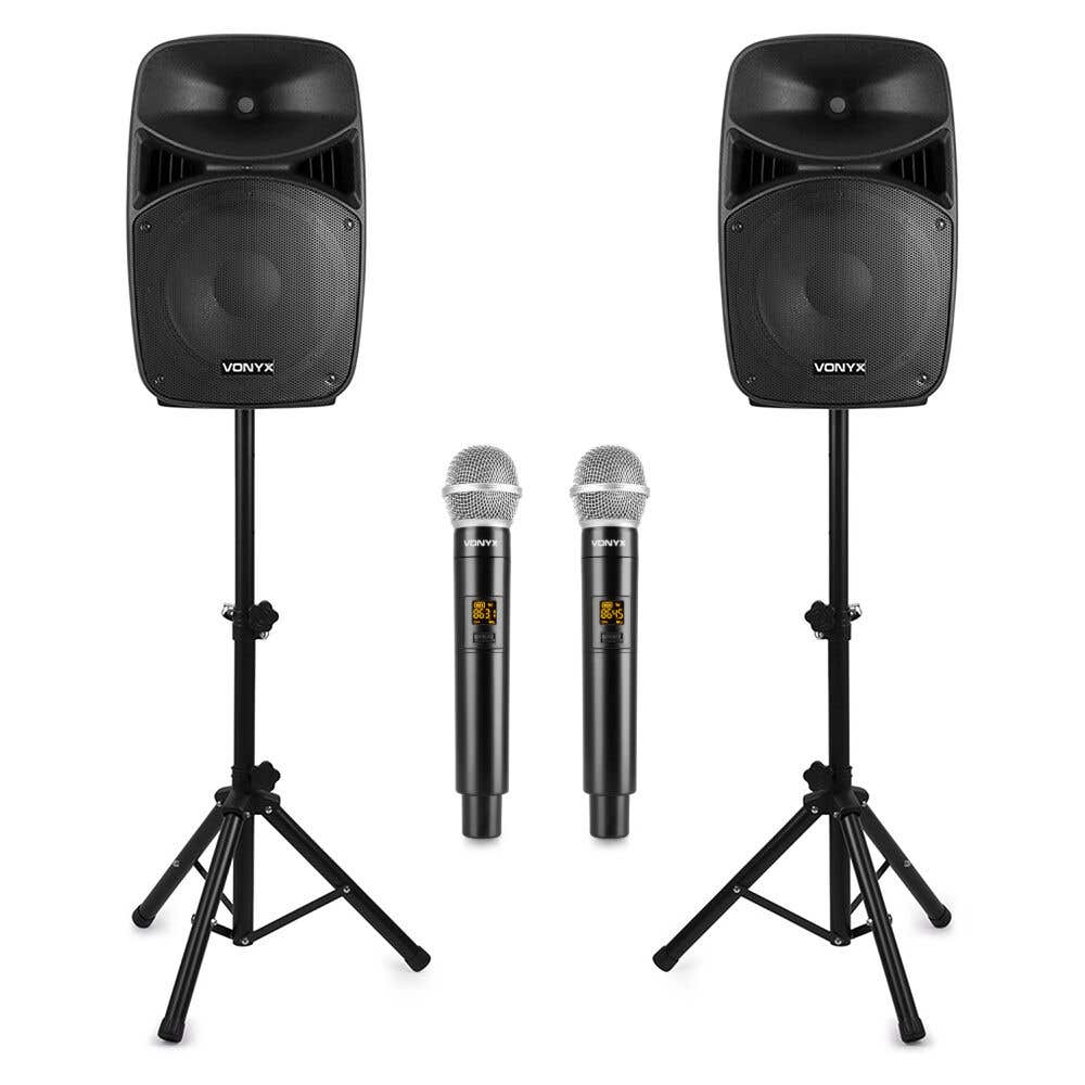 Vonyx VPS102A - Pack de Altavoces de Karaoke 600W con Micrófonos Inalámbricos, Bluetooth, USB/SD, LED y Trípodes