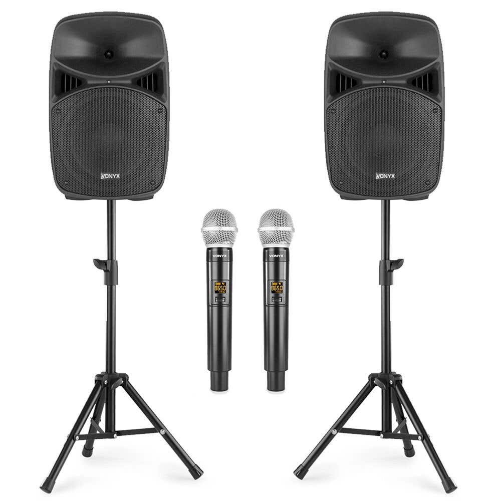 Vonyx VPS152A - Pack de Altavoces de Karaoke 1000W con Micrófonos Inalámbricos, Bluetooth, USB/SD, LED y Trípodes