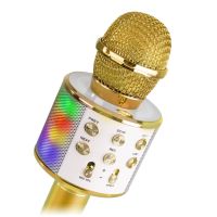 Max KM15G Micrófono de Karaoke con altavoz BT / MP3 incorporado e iluminación LED, dorado