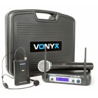 Vonyx WM512C Sistema inalámbrico de 2 canales VHF - 1 Micrófono de mano. 1 Micrófono de cabeza