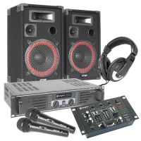 SkyTec Set completo de 500W con cajas, amplificador, mezclador, auriculares, micrófonos y cables. Ideal DJs