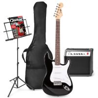 MAX GigKit Pack completo de guitarra eléctrica, amplificador y accesorios, con atril - Negro