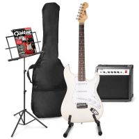 MAX GigKit Pack completo de guitarra eléctrica, amplificador y accesorios, con atril y soporte de guitarra - Blanco