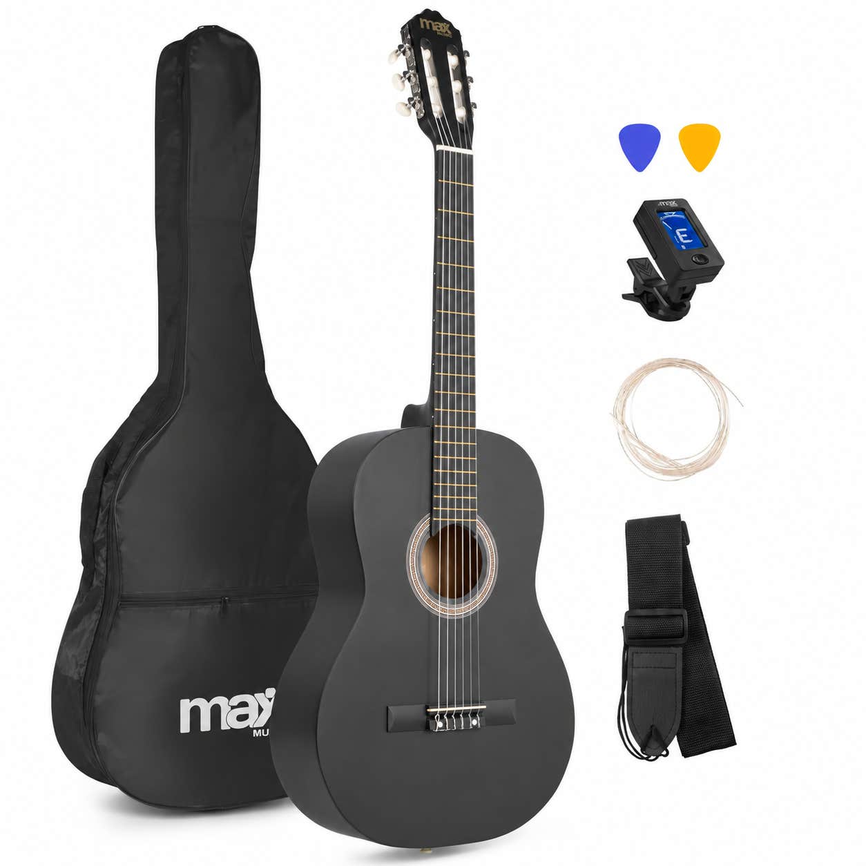 MAX SoloArt - Guitarra clásica 4/4 de 39", cuerdas de nylon, funda, afinador y correa, color negro mate