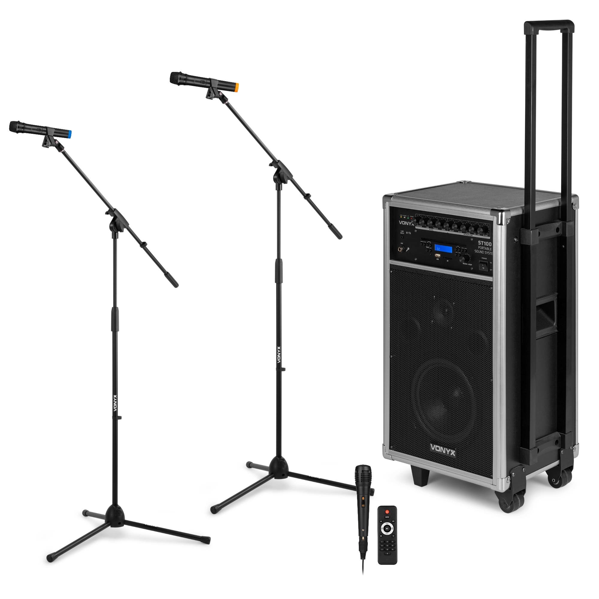 Vonyx ST100 – Pack con sistema portátil 250W con Bluetooth y 2 trípodes de micrófono MS10 