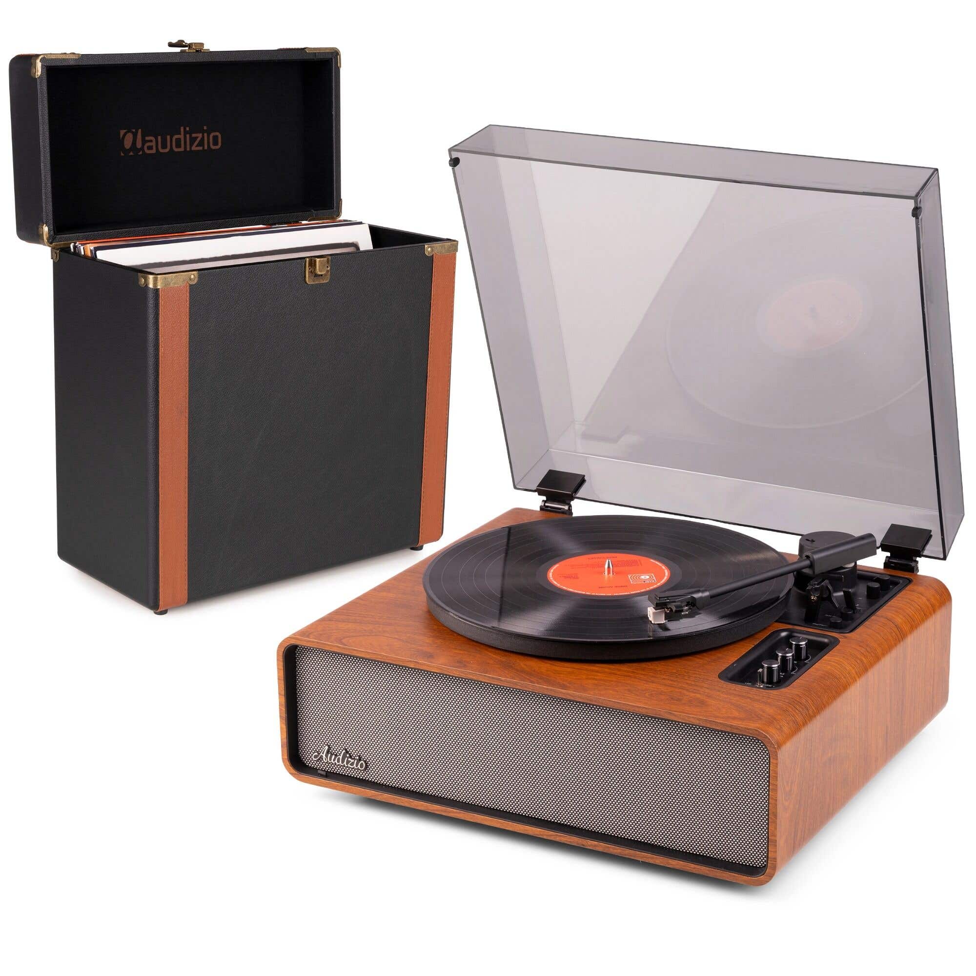 Audizio Laredo – Pack tocadiscos HiFi de vinilo con Bluetooth in/out, altavoces integrados y cápsula Audio Technica + maleta para vinilos Audizio RC37 – Acabado madera oscura