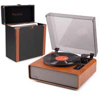 Audizio Laredo – Pack tocadiscos HiFi de vinilo con Bluetooth in/out, altavoces integrados y cápsula Audio Technica + maleta para vinilos Audizio RC37 – Acabado madera oscura