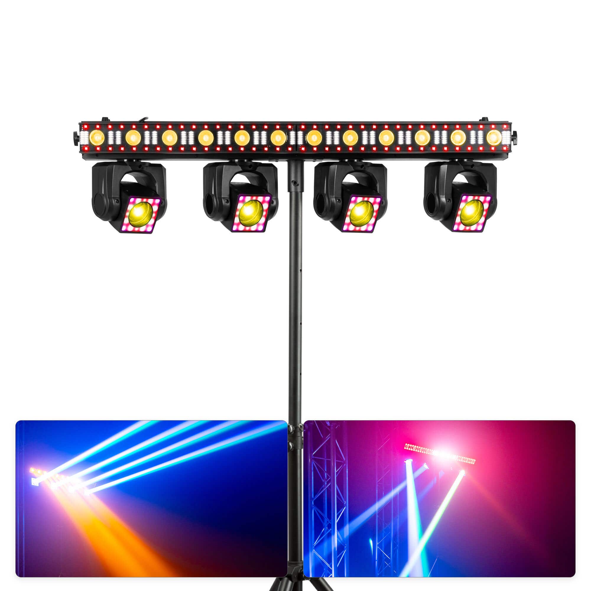 BeamZ ShowBar GO Edge – Pack 1 unidad con 4 cabezas móviles LED RGBW DMX + soporte LS25A, Color negro