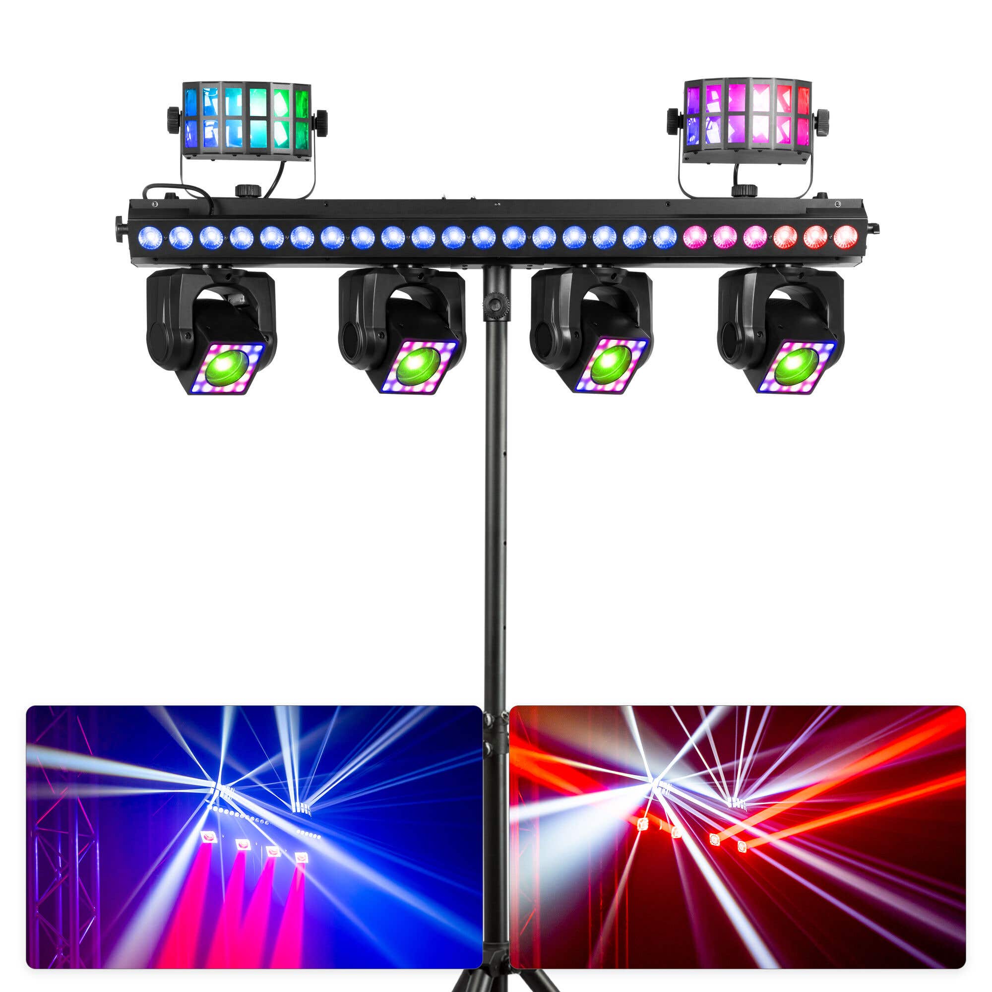 BeamZ ShowBar GO Ultra – Pack barra de iluminación con 4 cabezas móviles, barra LED y soporte LS25A con altura máxima de 2.2m, color negro