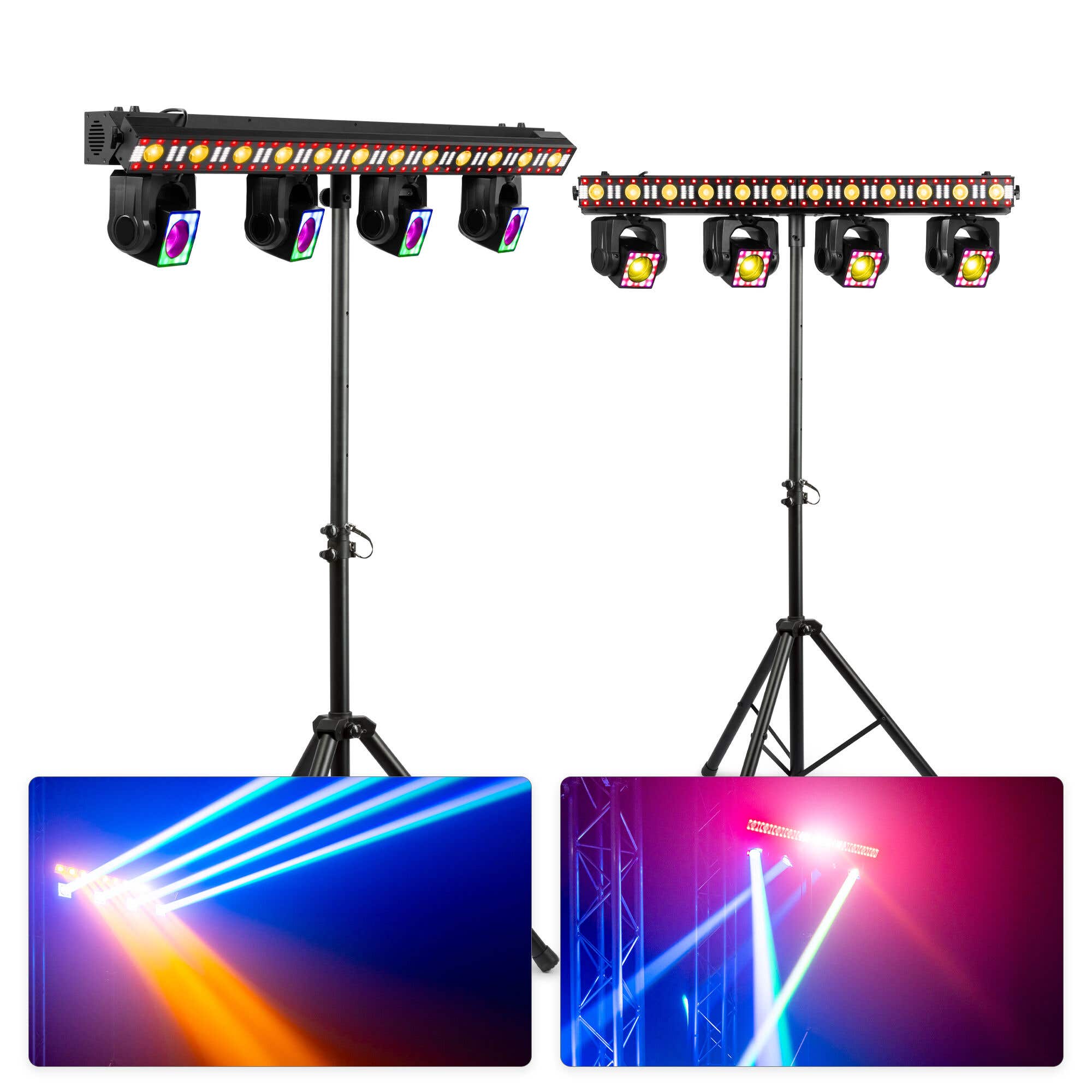 BeamZ ShowBar GO Edge – Pack de 2 unidades con 4 cabezas móviles LED RGBW DMX + 2 soportes LS25A, color negro