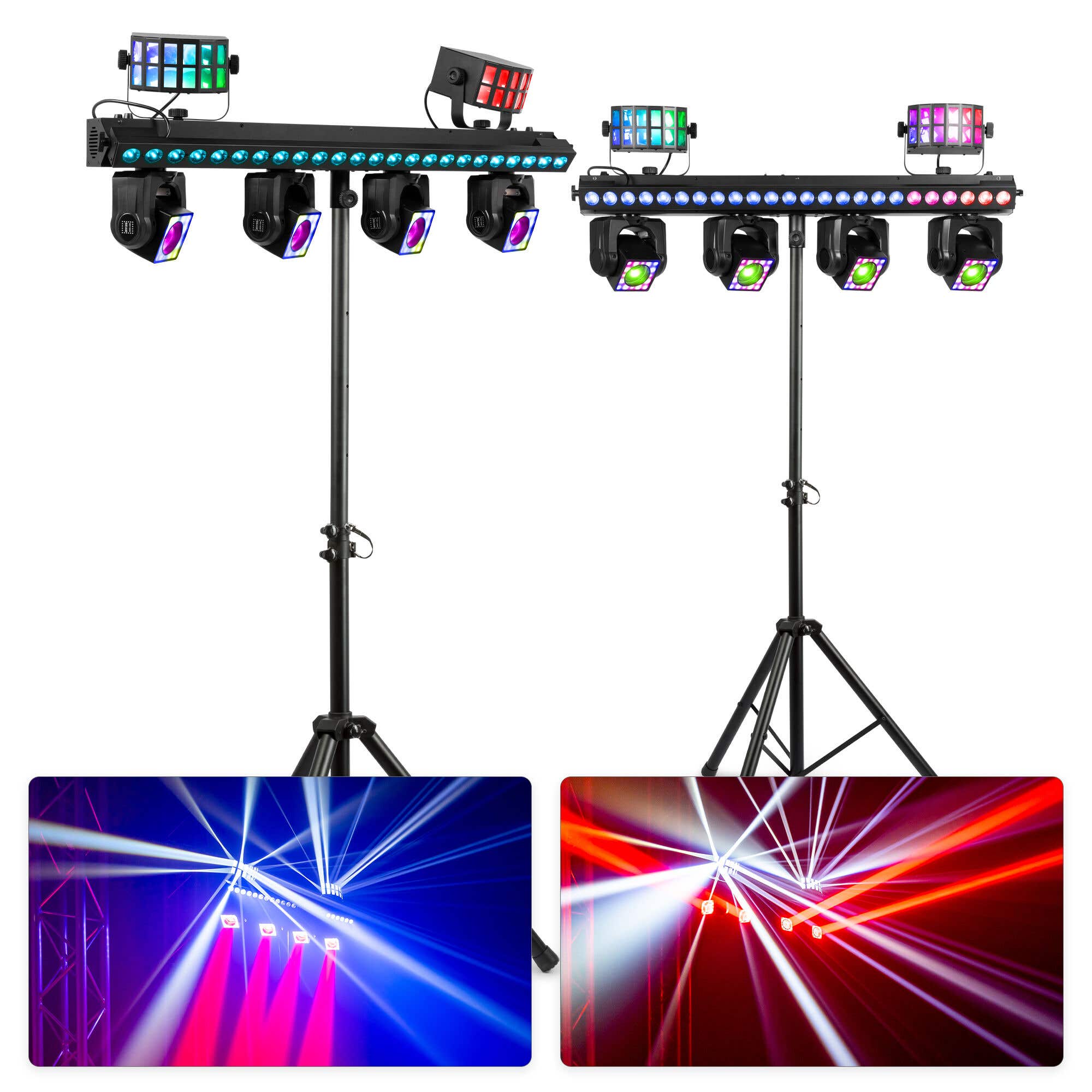 BeamZ ShowBar GO Ultra – Pack de 2 unidades con barras de iluminación con 4 cabezas móviles, barra LED y 2 soportes LS25A con altura máxima de 2.2m, color negro