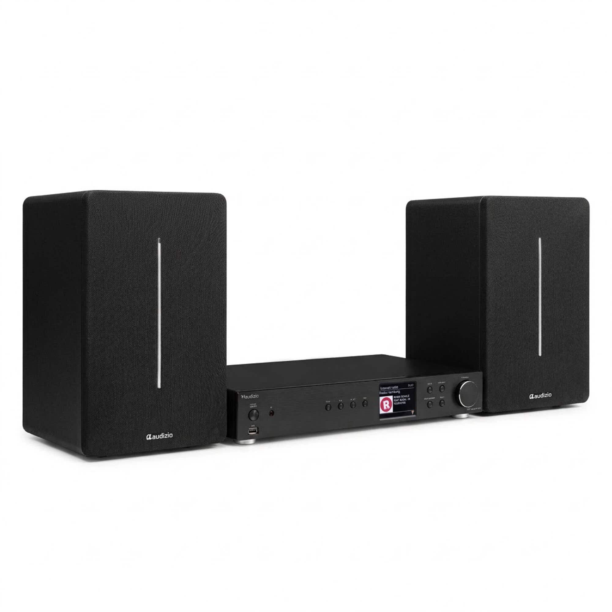 Audizio Adria + KS01B – Pack HiFi completo con radio Internet DAB+ Bluetooth y altavoces activos 120W + cable RCA 1m. color negro