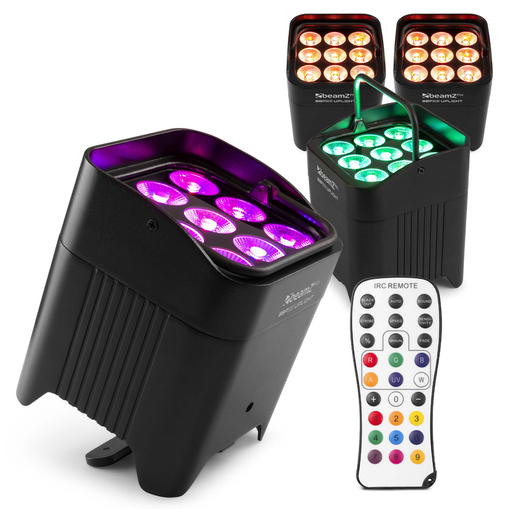 BeamZ Professional BBP59 – Pack de 4 Focos Par Led con 9 x 12W RGBWA-UV, batería, IP65  para interior y exterior – Color negro