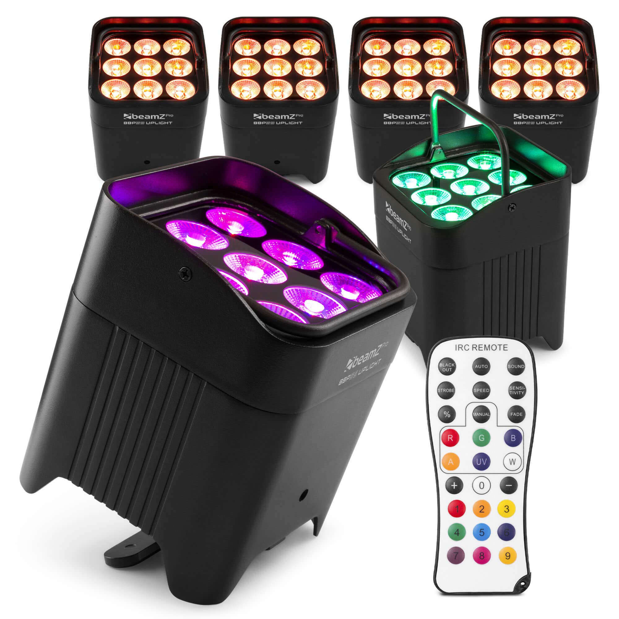 BeamZ Professional BBP59 – Pack de 6 Focos Par Led 9 x 12W RGBWA-UV, batería, IP65 para interior y exterior – Color negro
