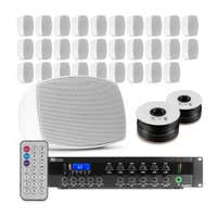 Power Dynamics BHW30WH + PDW360MP3 + PD Connex RX12 – Pack de 30 altavoces 100V / 360W con amplificador de 6 zonas y cable 100m para exterior e interior, color blanco