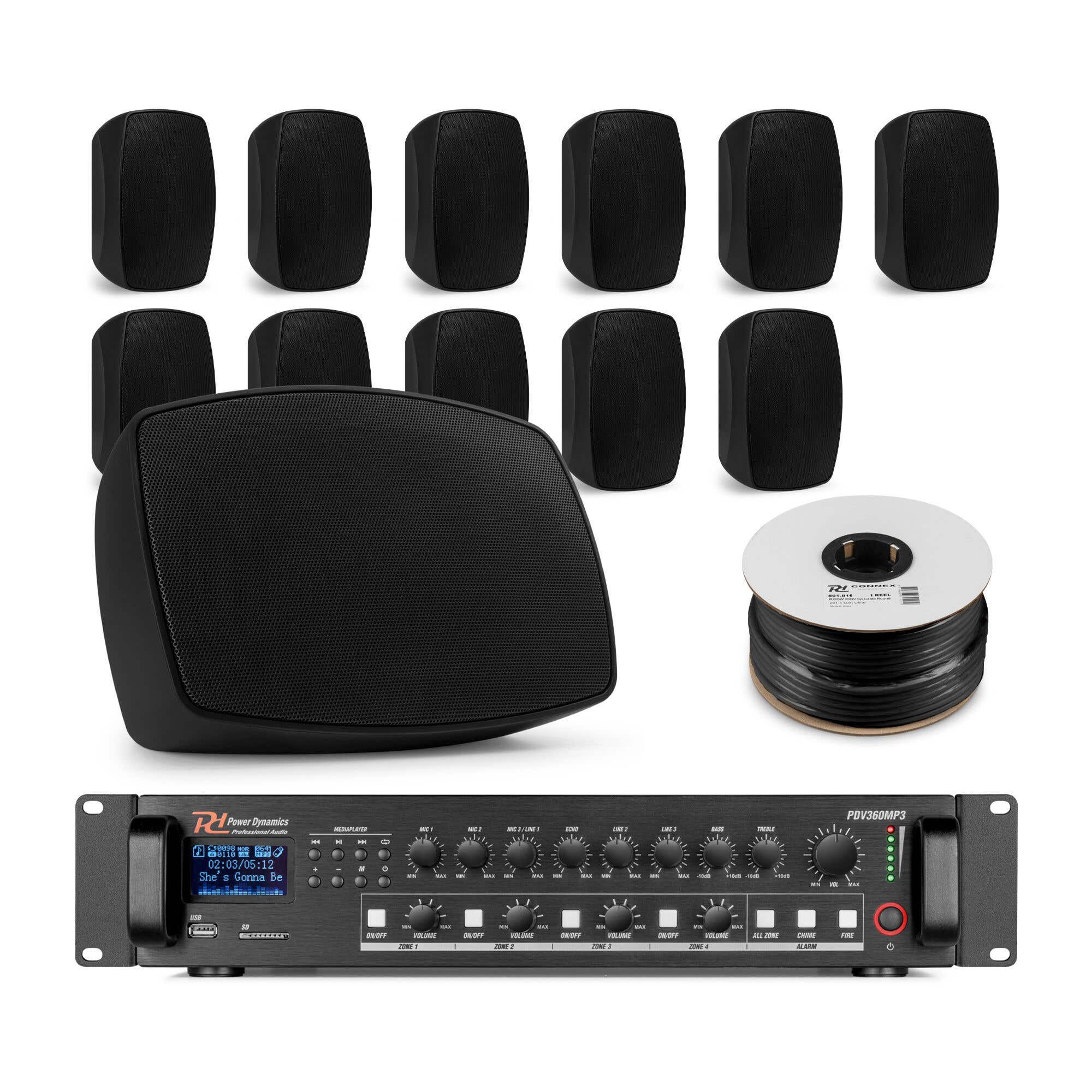 Power Dynamics BHW50BK + PDV360MP3 – Pack sistema sonido con 12 altavoces de 5.25