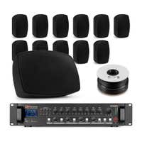 Power Dynamics BHW50BK + PDV360MP3 – Pack sistema sonido con 12 altavoces de 5.25" 100V / 480W, amplificador de 4 zonas, Bluetooth y cable 100m, color negro