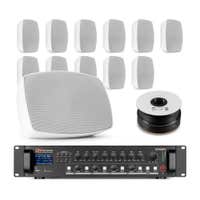 Power Dynamics BHW50WH + PDV360MP3 – Pack sistema sonido con 12 altavoces de 5.25" 100V / 480W, amplificador de 4 zonas, Bluetooth y cable 100m, color blanco