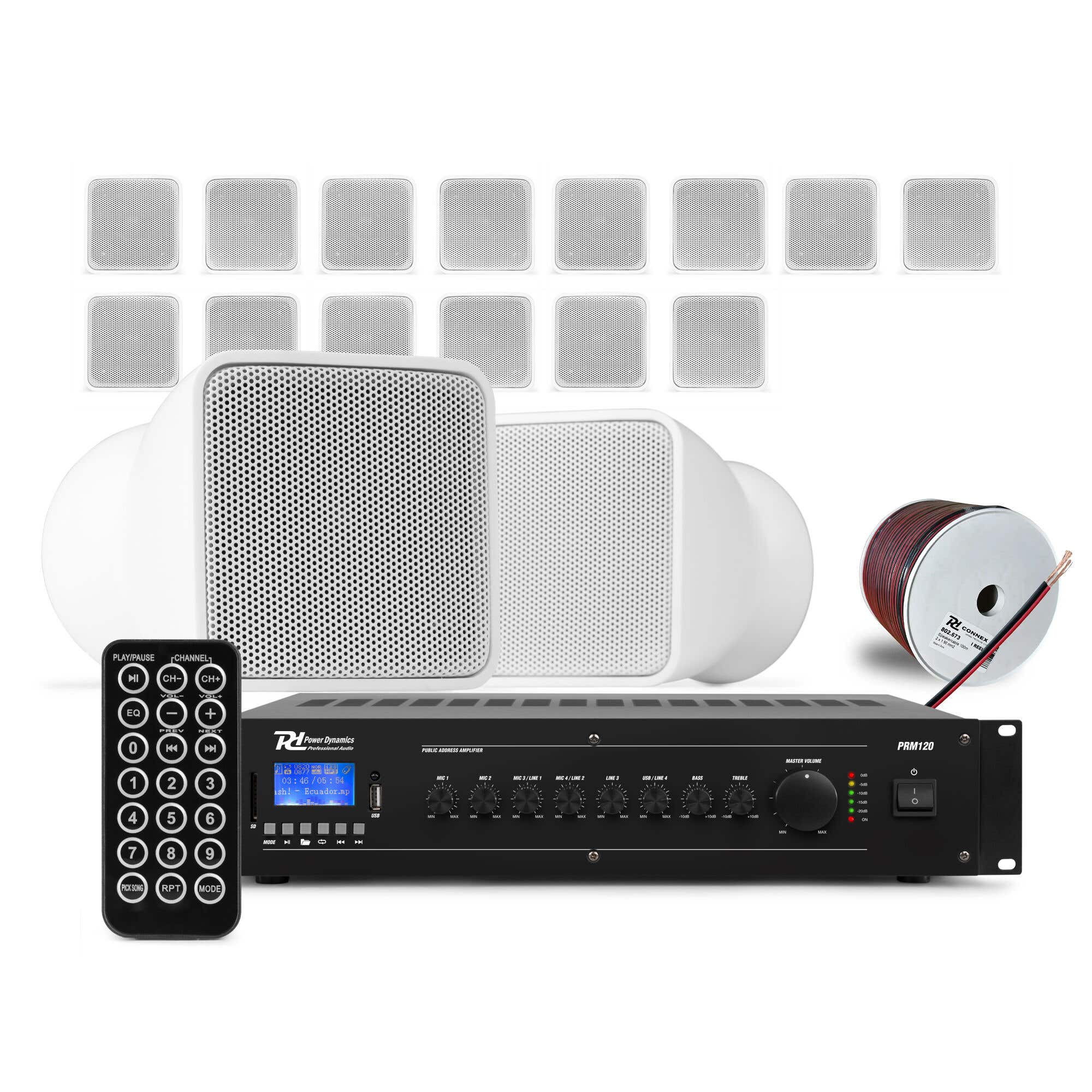 Power Dynamics BSX30W + PRM120 + RX22 – Pack sistema sonido 100V con 16 altavoces de pared blancos 2.5