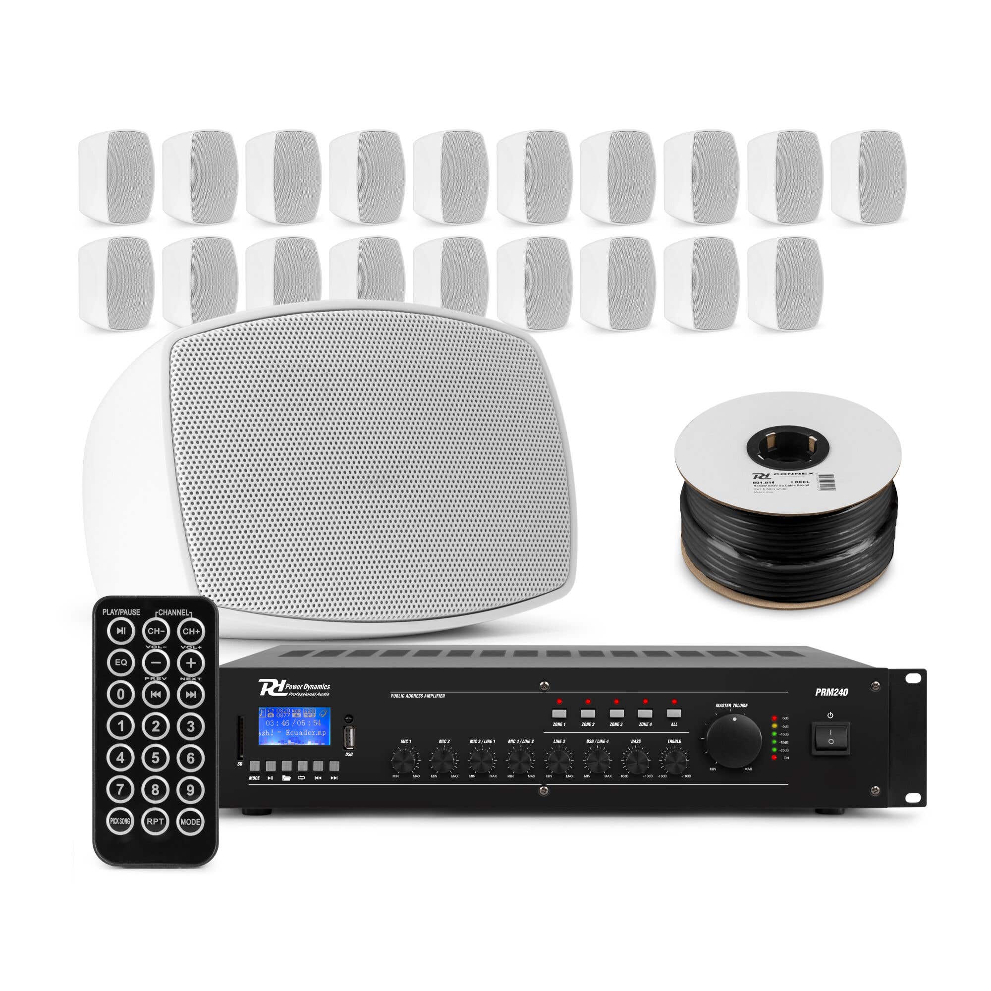 Power Dynamics BHW30WH + PRM240 + PD Connex RX12 – Pack de 20 altavoces 100V / 240W con cable 100m para exterior e interior, color blanco