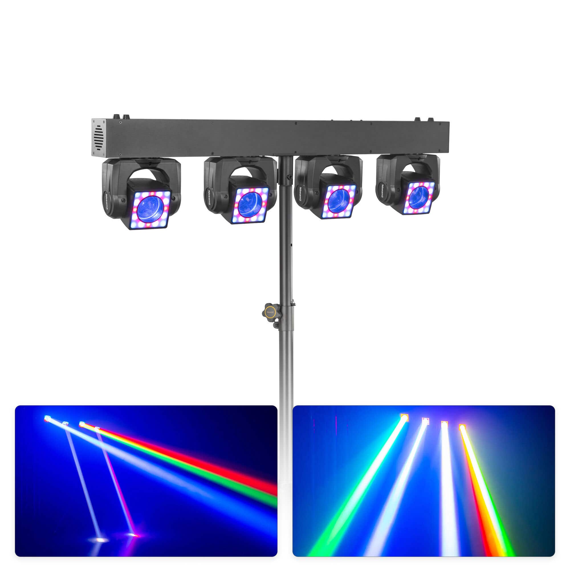 BeamZ ShowBar GO Shine – Pack 1 unidad con 4 cabezas moviles RGBW 40W cada una, anillos LED, control DMX + trípode de iluminación LS25A, Color negro